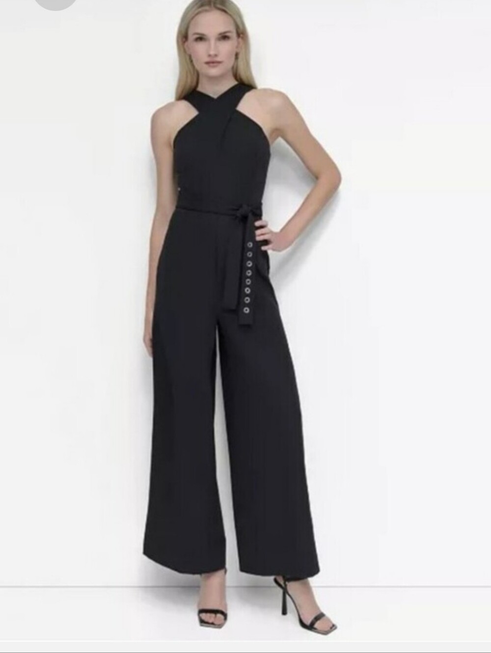 DKNY NWT Black Sleeveless Wide Leg Belted Jumpsuit Size 12 $139 Evening Career